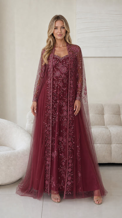 Front view of burgundy embroidered tulle evening dress and jacket set