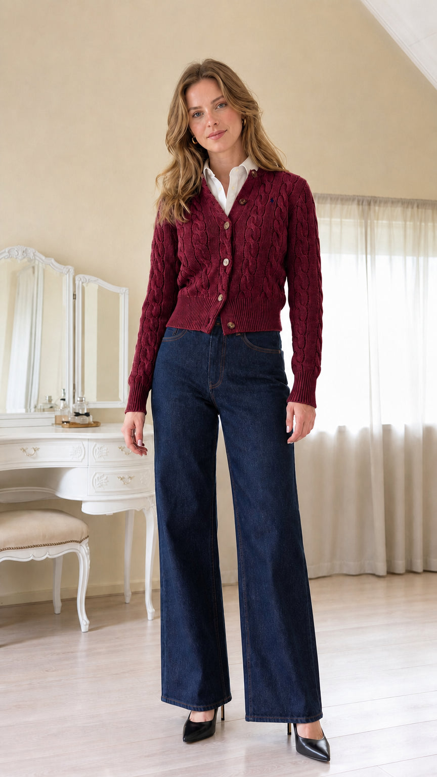 Women's burgundy red cable-knit V-neck cardigan sweater