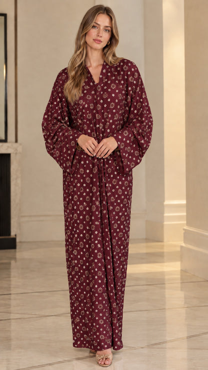 Burgundy floral sequin embroidered kaftan maxi dress on model