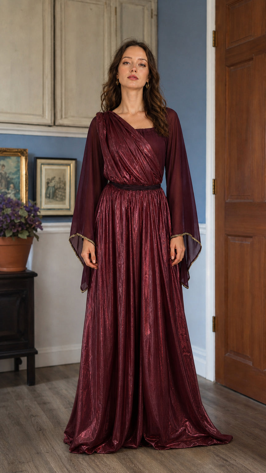 Grecian goddess burgundy metallic long sleeve maxi dress