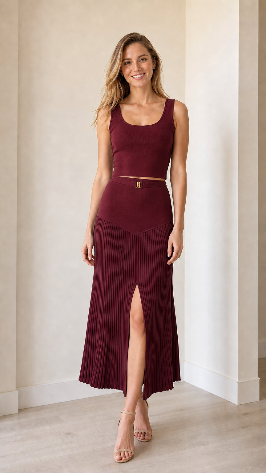 Model wearing burgundy two-piece set front view