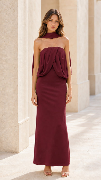 Front view of burgundy strapless maxi dress with matching scarf