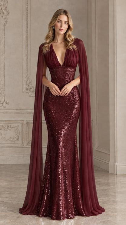 Burgundy wine red sequin mermaid gala gown with chiffon cape