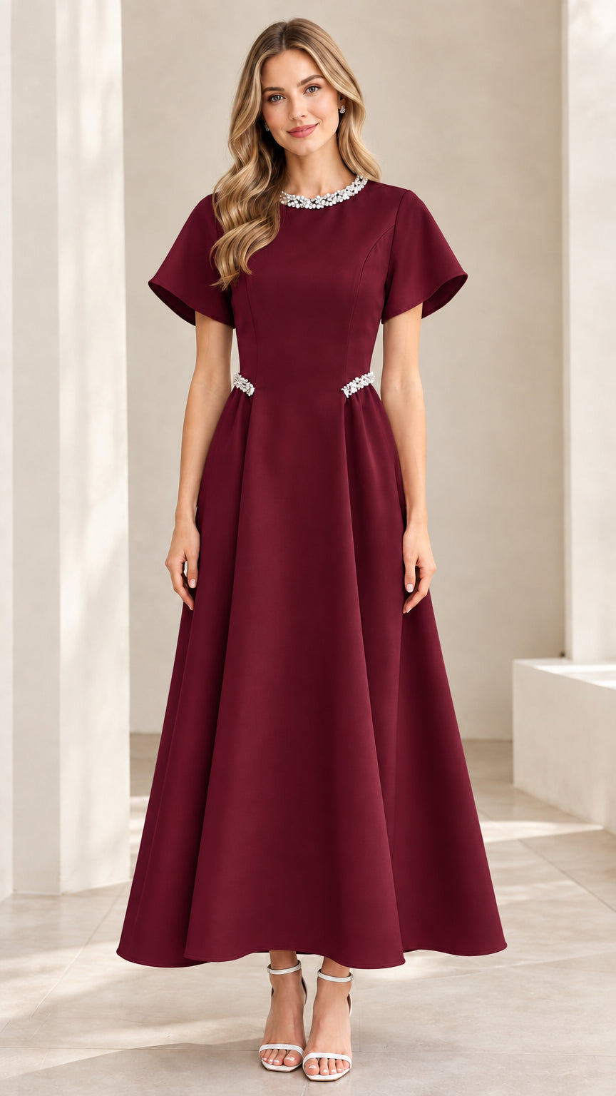 Model wearing Burgundy red formal evening maxi dress with flutter sleeves