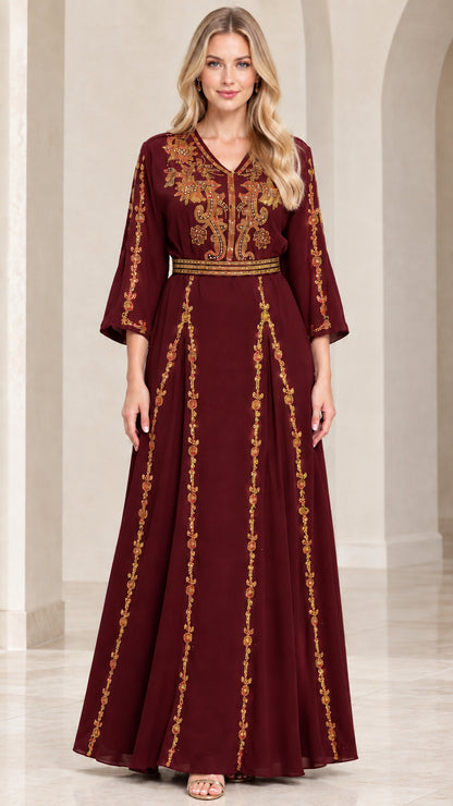 Burgundy embroidered V-neck floor-length maxi dress