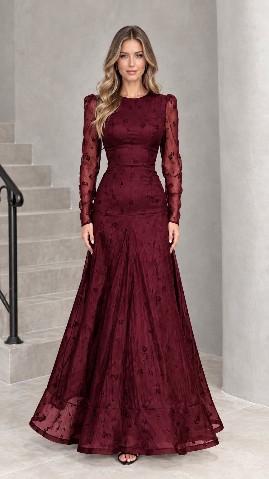 Burgundy wine red embroidered long sleeve maxi evening gown