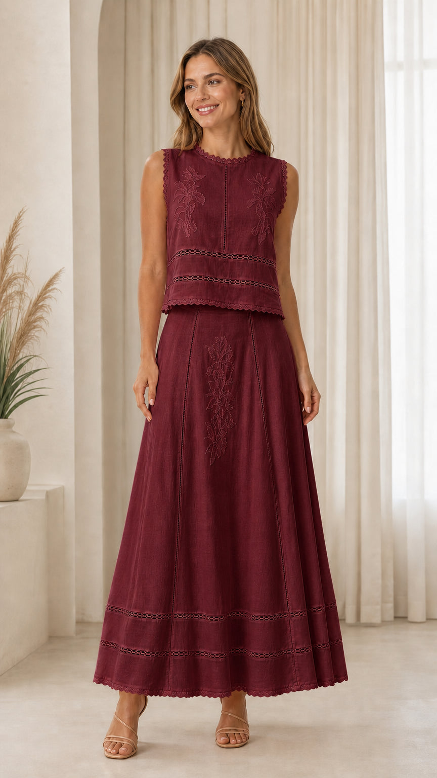 Woman wearing burgundy embroidered two-piece set