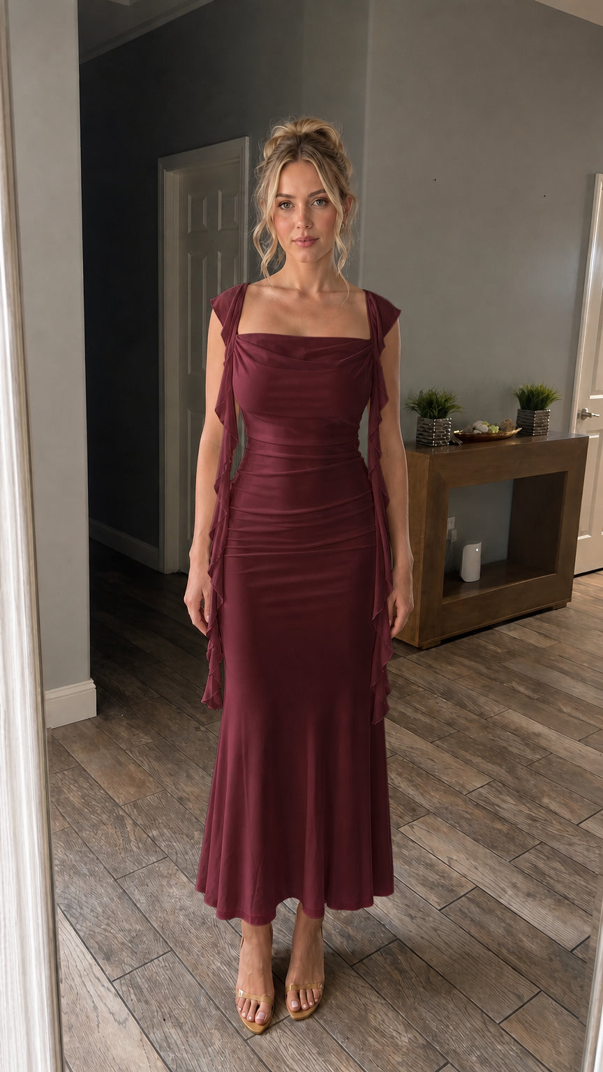 Front view of model wearing the burgundy color variant of the maxi dress
