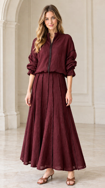 Full front view of burgundy wine red textured two-piece maxi set