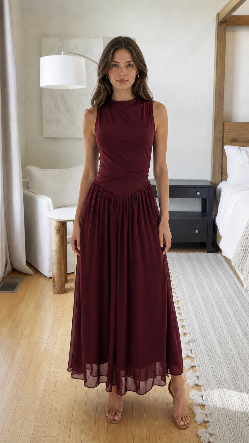 Front view of model wearing Burgundy chiffon maxi dress