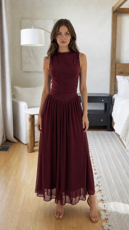 Front view of model wearing Burgundy chiffon maxi dress