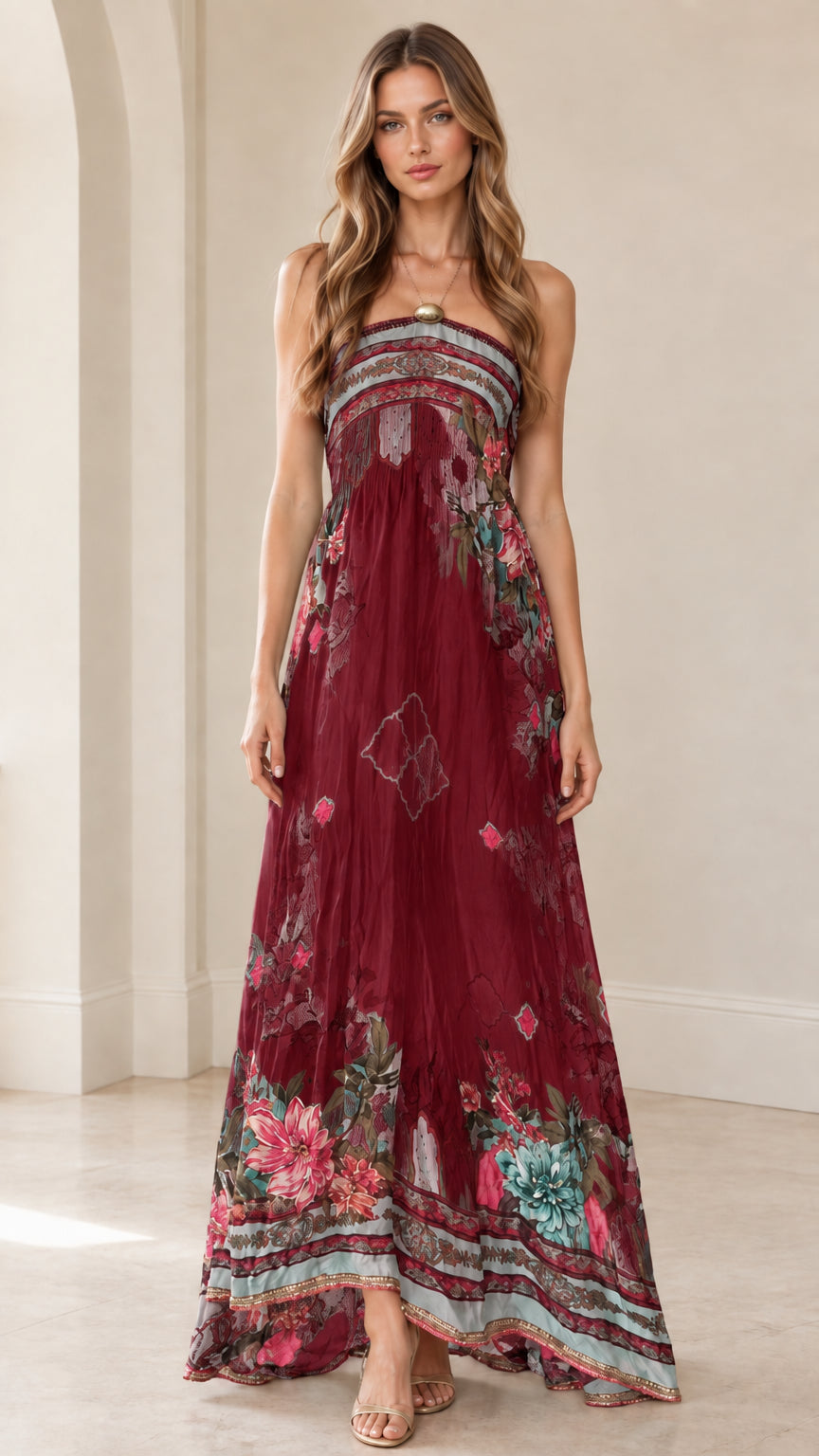 Front view of woman wearing burgundy strapless floral border maxi dress
