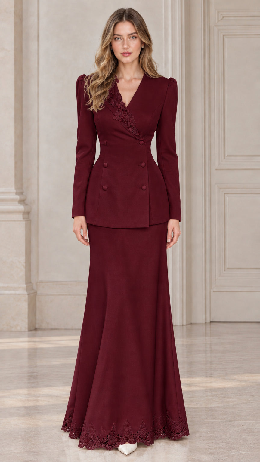 Front view of model wearing burgundy wine tailored blazer and mermaid skirt set