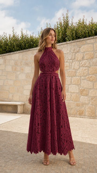Front view of model wearing Burgundy halter lace maxi dress