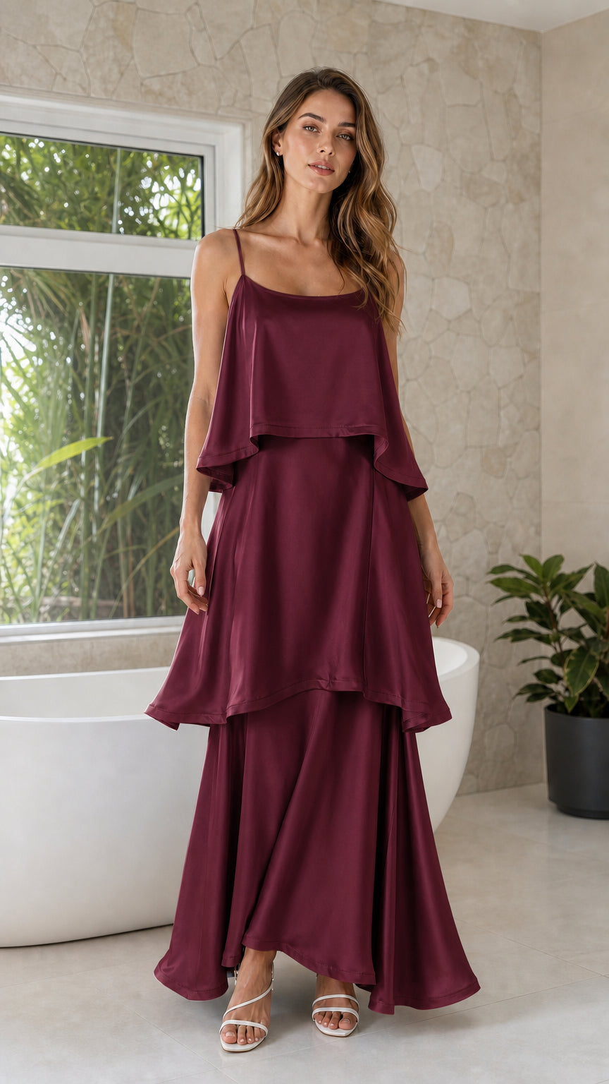 Burgundy wine tiered satin spaghetti strap gown on model