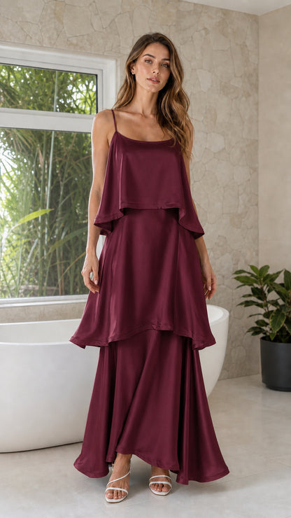 Burgundy wine tiered satin spaghetti strap gown on model
