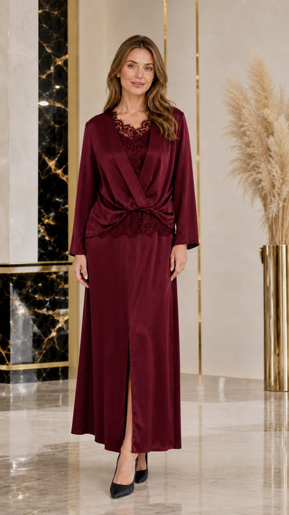 Burgundy wine satin twist-front maxi dress with lace detail