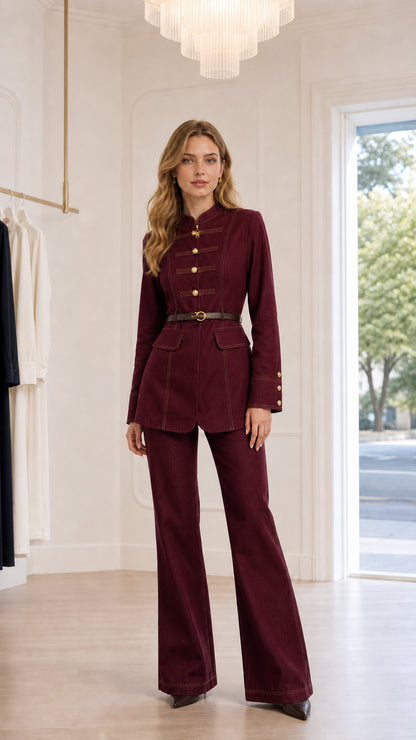 Full-length view of woman wearing burgundy wine military belted jacket and flare pants set