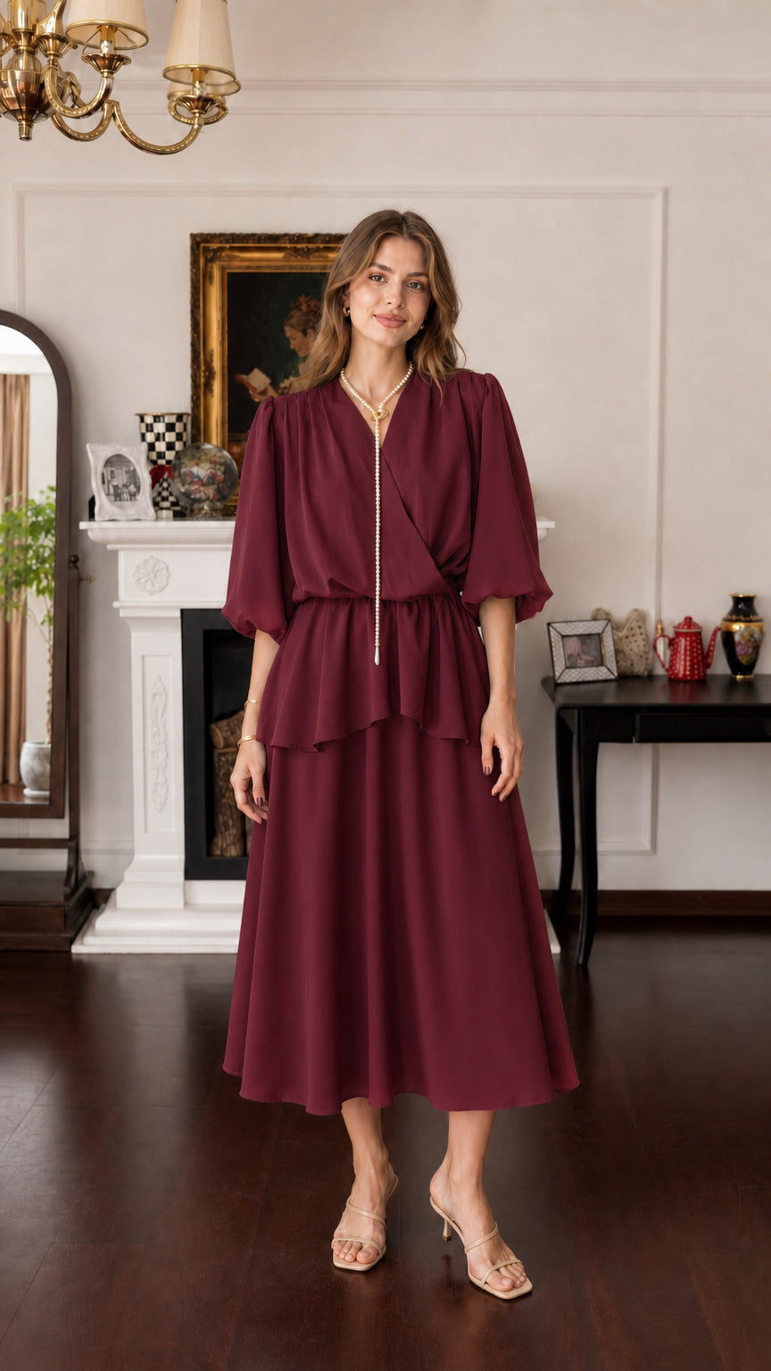 Model wearing burgundy V-neck layered midi dress
