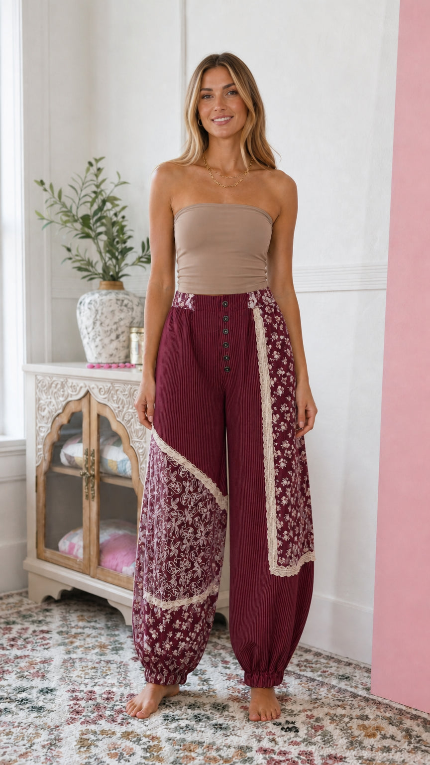 Burgundy wine floral patchwork harem pants with decorative button detail
