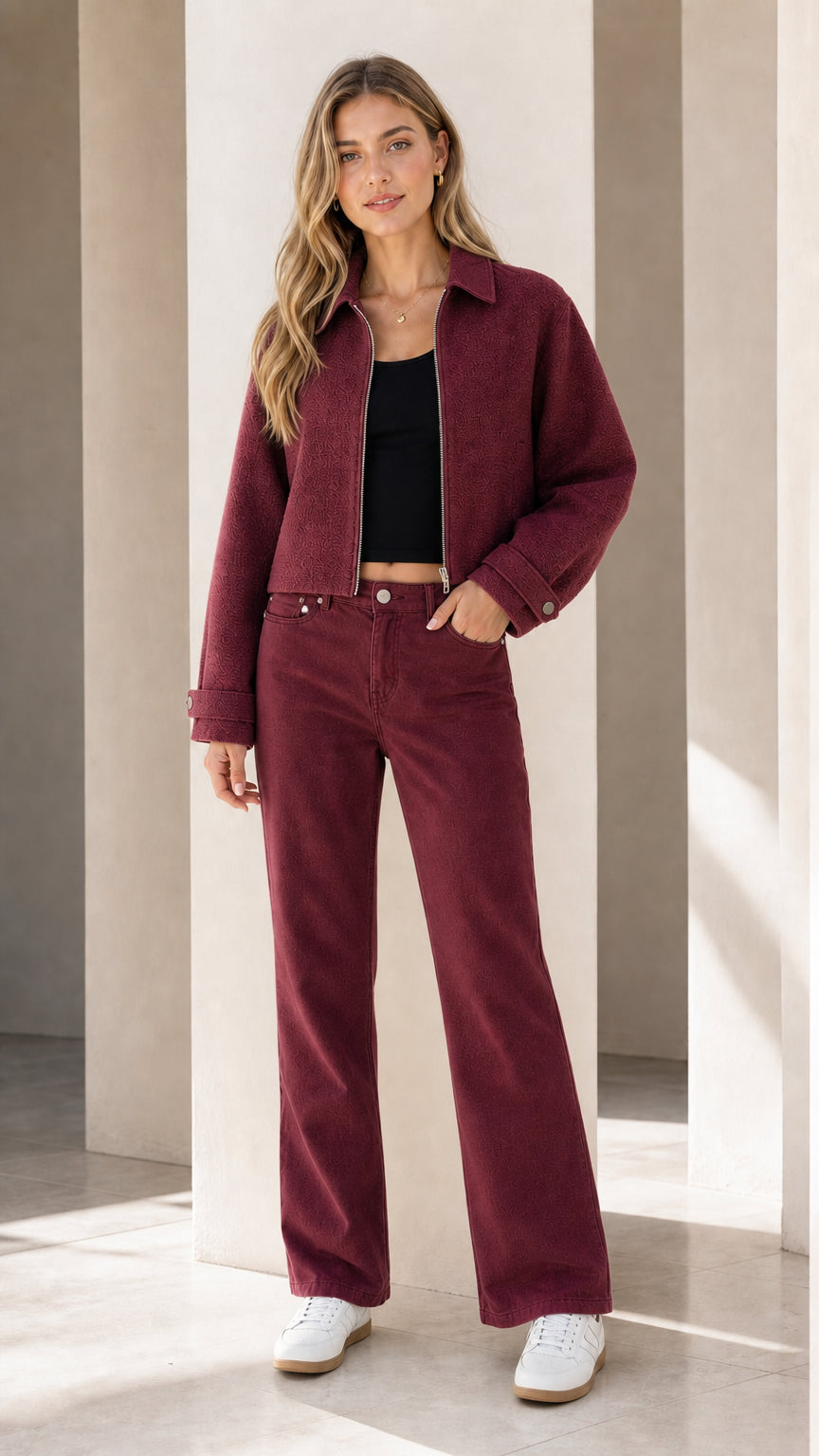 Model wearing burgundy co-ord set
