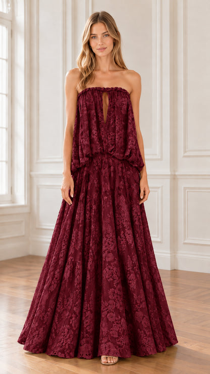 Front view of model wearing Burgundy wine strapless floral lace maxi dress