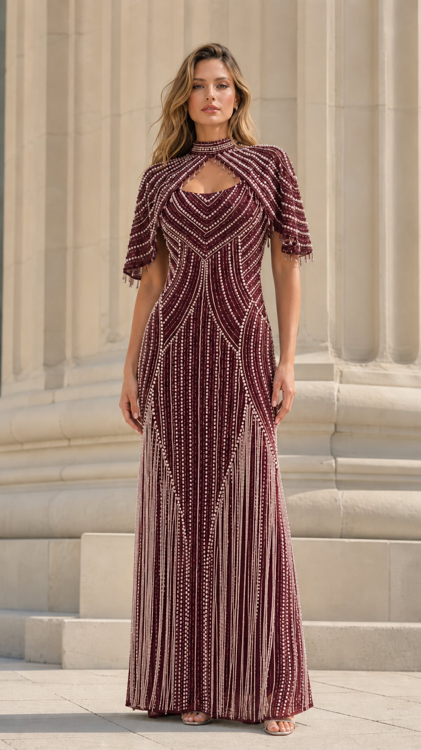 Model wearing burgundy beaded formal dress
