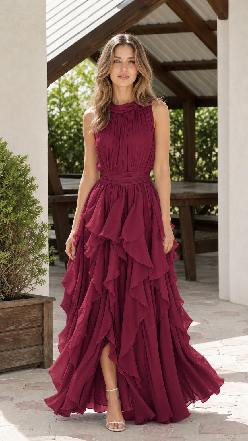 Front view of model wearing burgundy tiered ruffle chiffon maxi dress