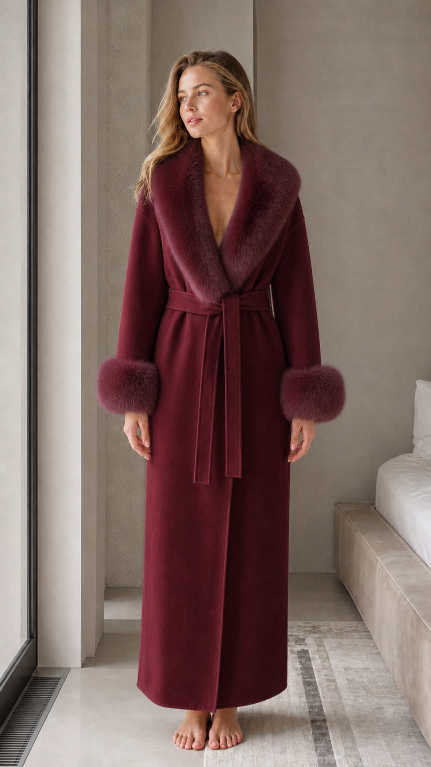 Deep burgundy red maxi wrap robe with plush faux fur collar and cuffs