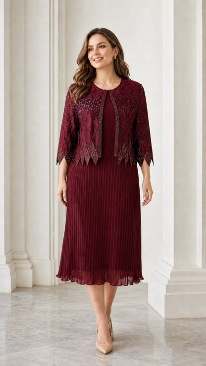 Front full view of burgundy two-piece dress set