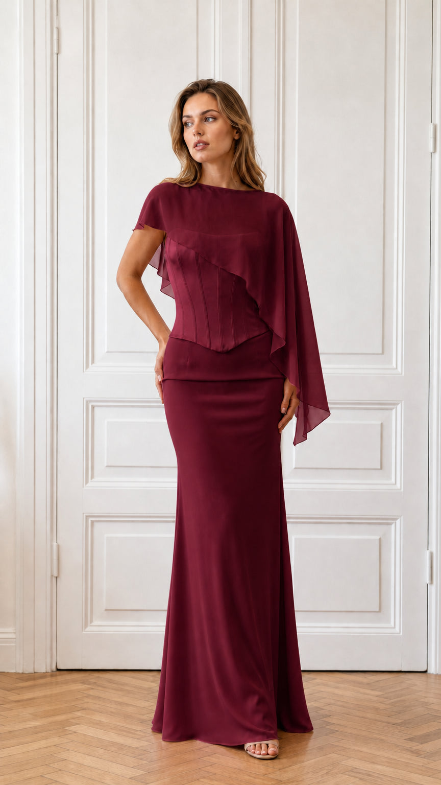 Model wearing burgundy formal cape evening dress