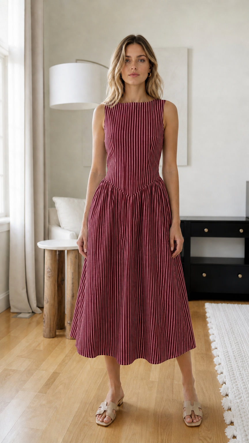 Front view of woman wearing burgundy striped midi dress