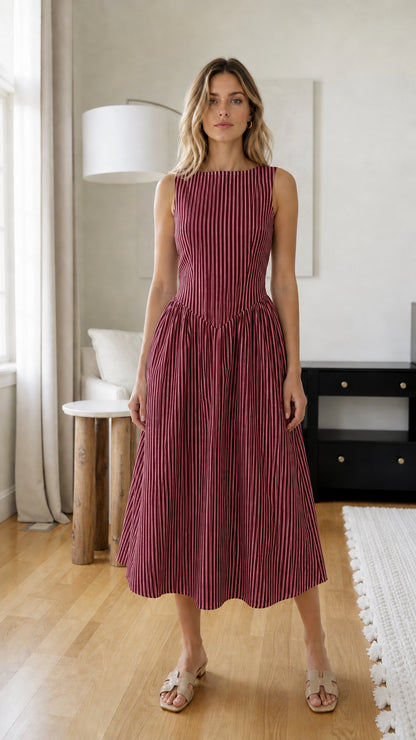Front view of woman wearing burgundy striped midi dress