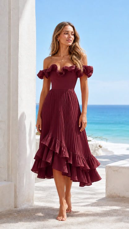 Model wearing burgundy off-shoulder ruffle pleated midi dress