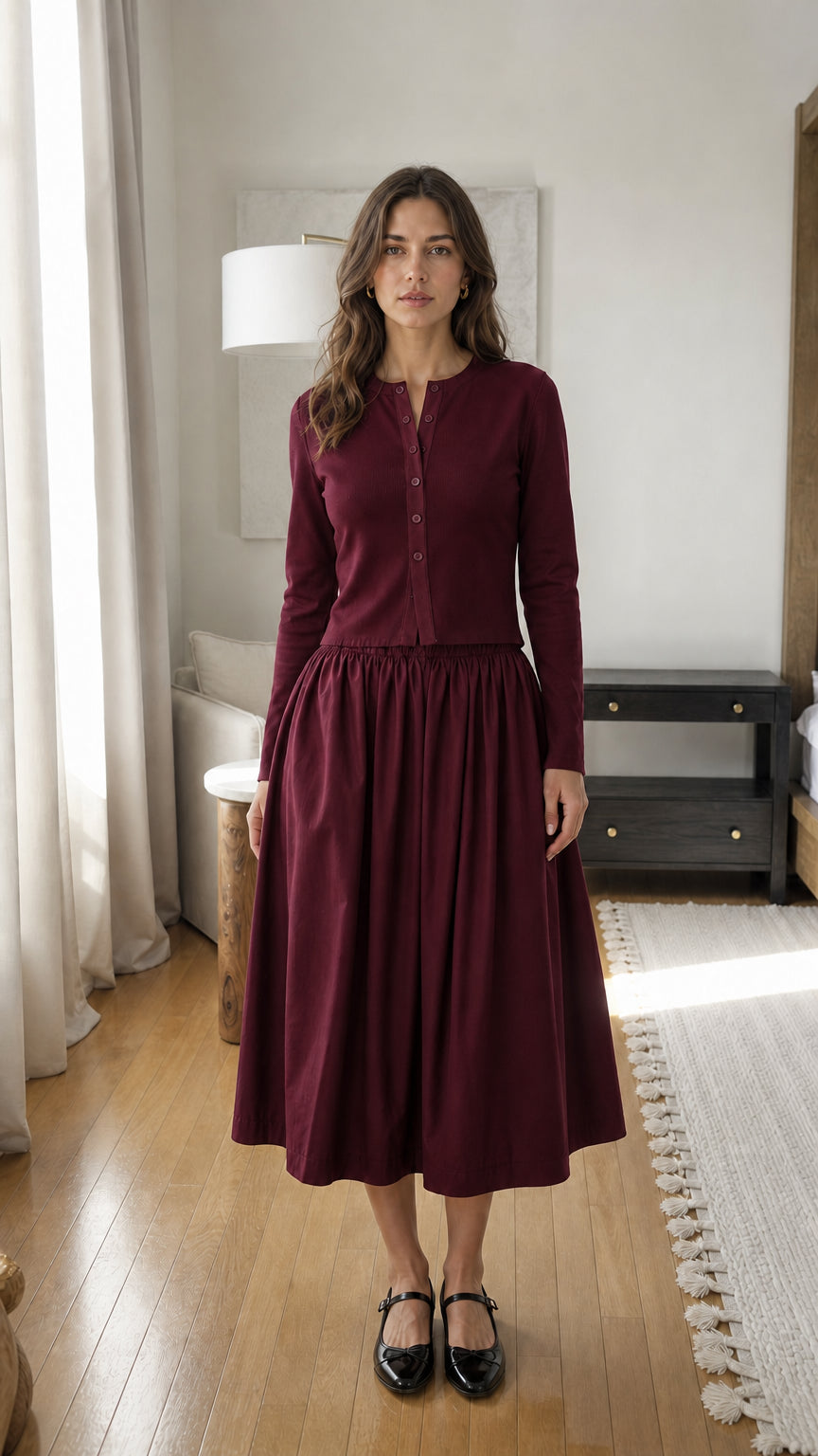 Woman wearing burgundy long-sleeve ribbed top and midi skirt set