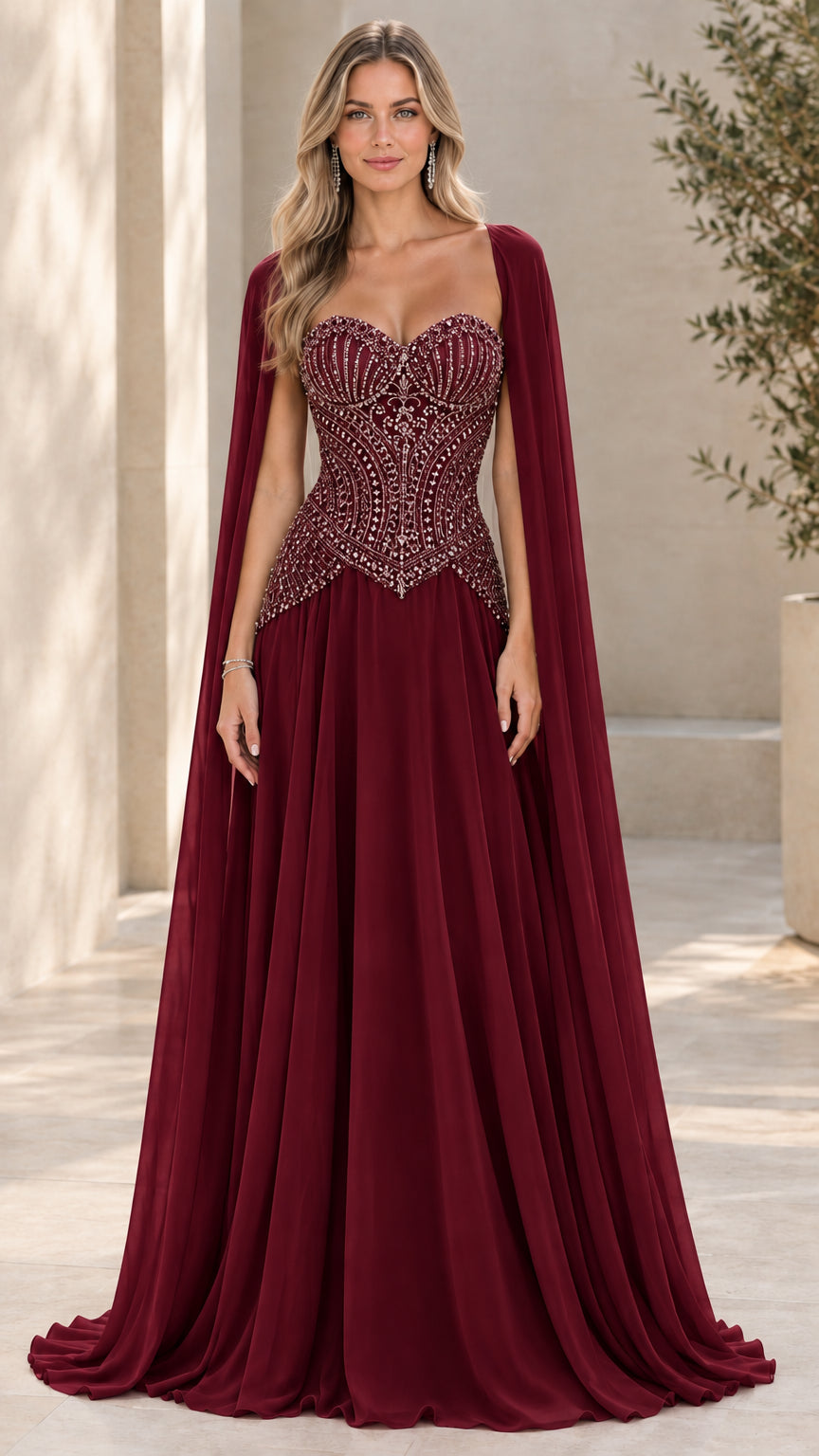 Burgundy wine red embellished corset evening gown with cape