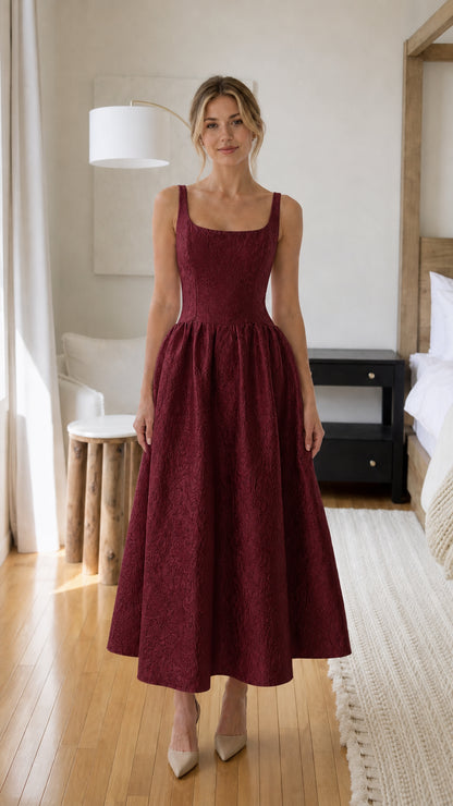 Woman wearing burgundy square neck midi dress