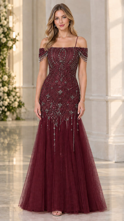 Burgundy wine off-the-shoulder beaded formal gown front view