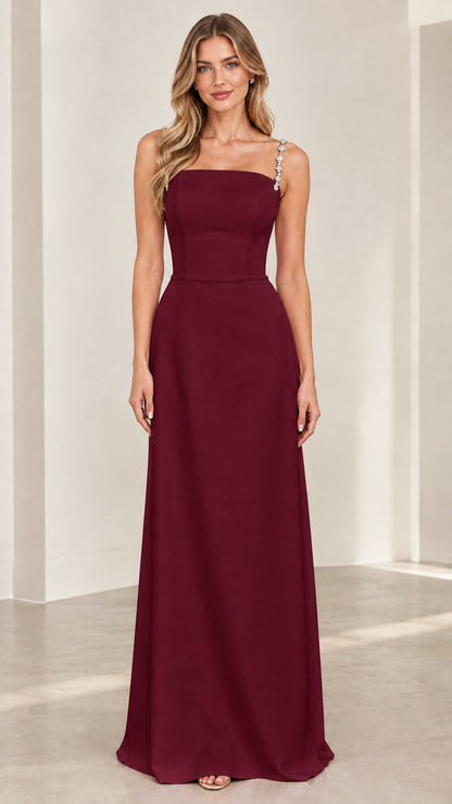 Burgundy wine red formal evening gown with rhinestone straps