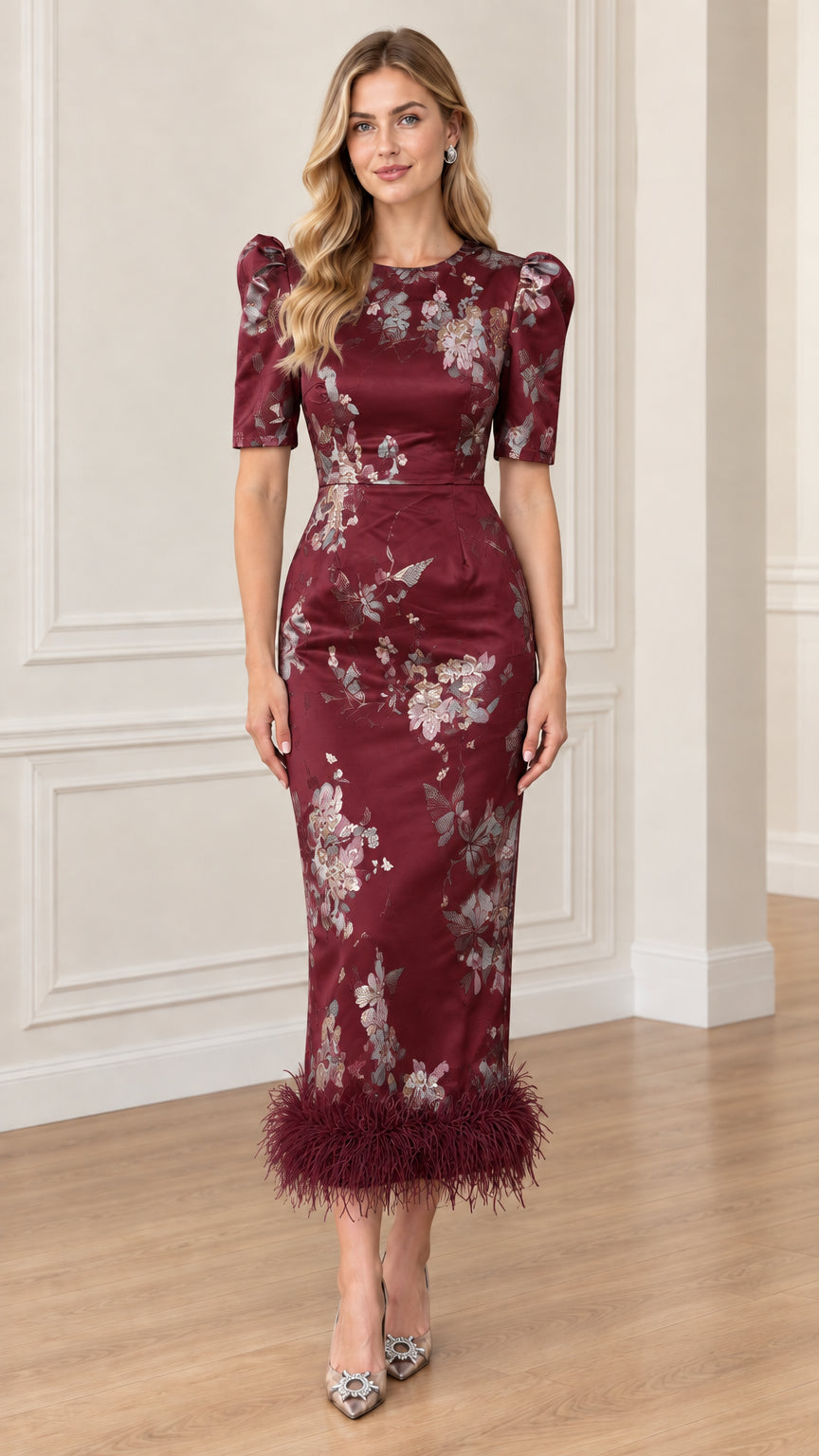Front view of Burgundy wine floral jacquard midi dress with feather hem