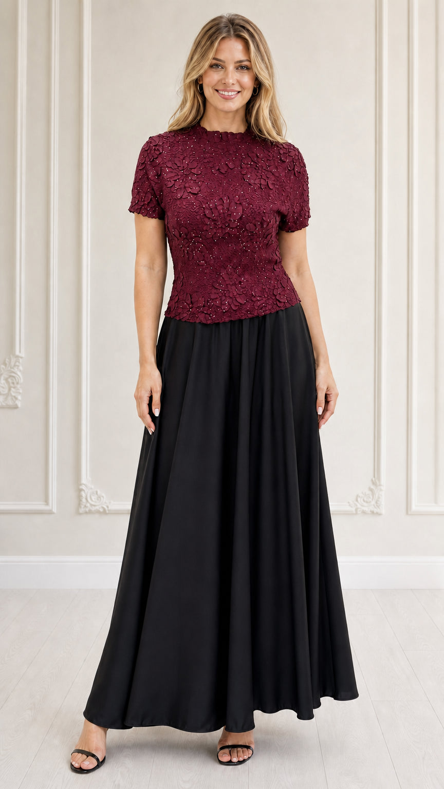 Model wearing burgundy textured floral bodice maxi dress