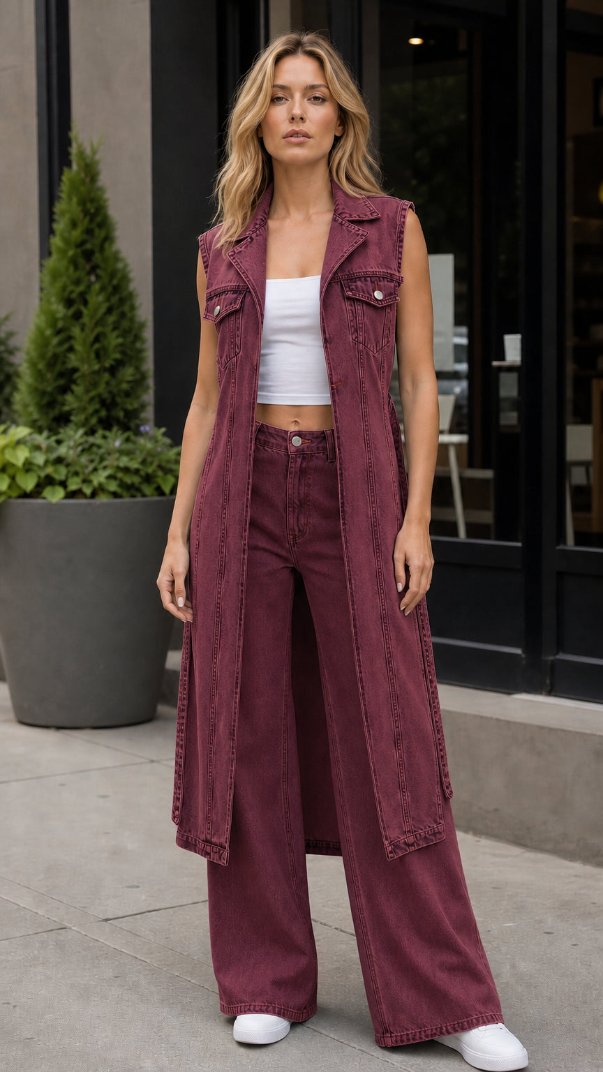 Model wearing burgundy long denim vest and matching wide leg pants set