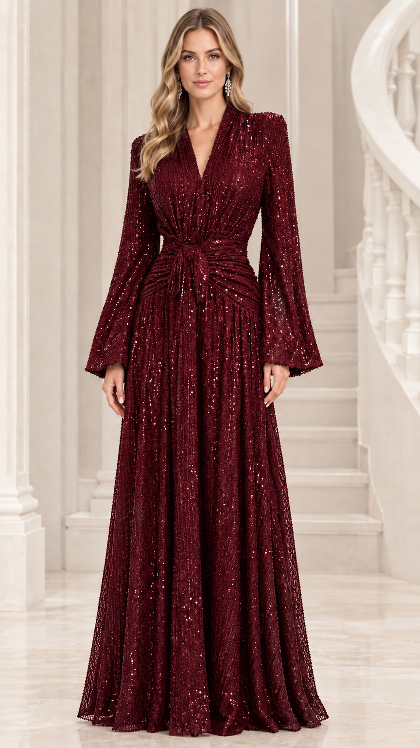 Burgundy wine red sequin V-neck formal maxi gown