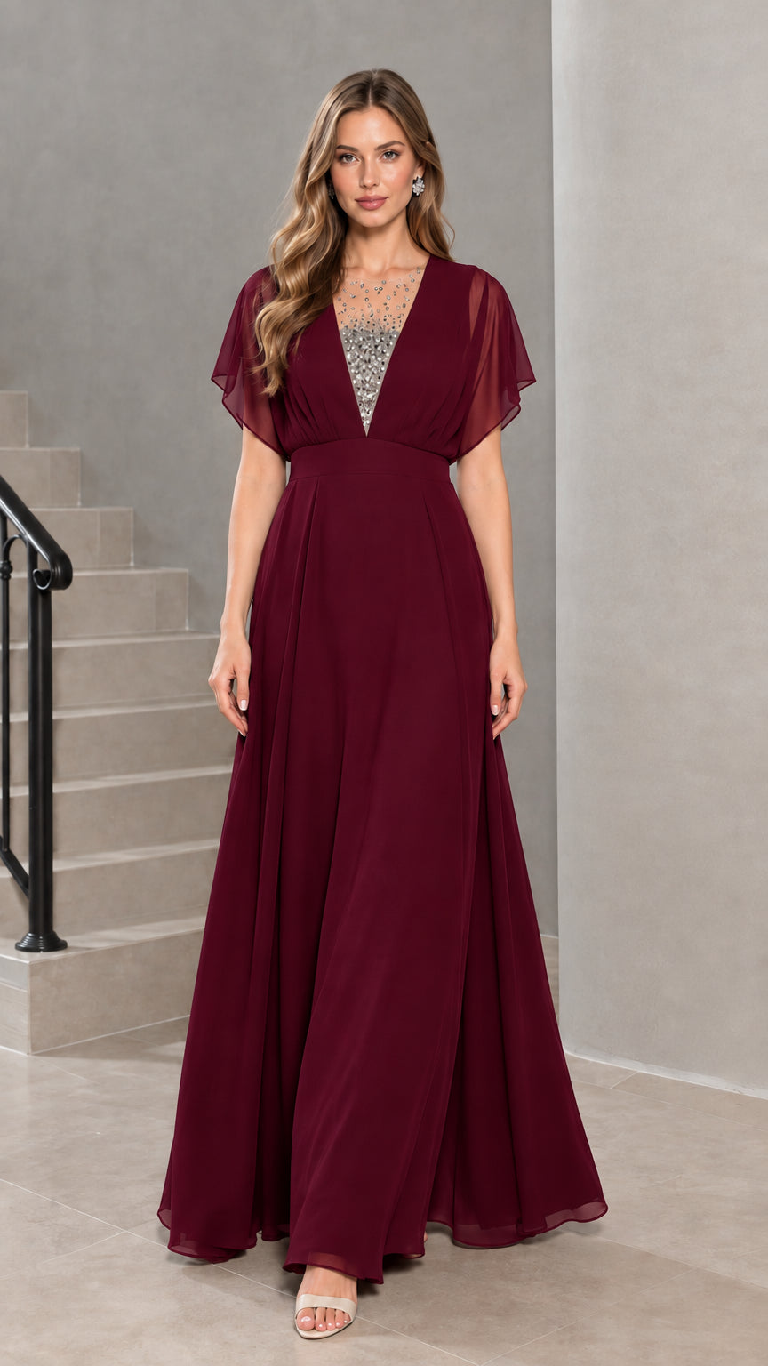 Front view of model wearing burgundy flutter sleeve chiffon evening gown