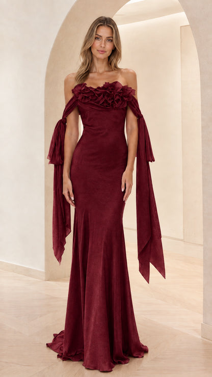 Burgundy wine red formal evening gown with floral appliqué neckline