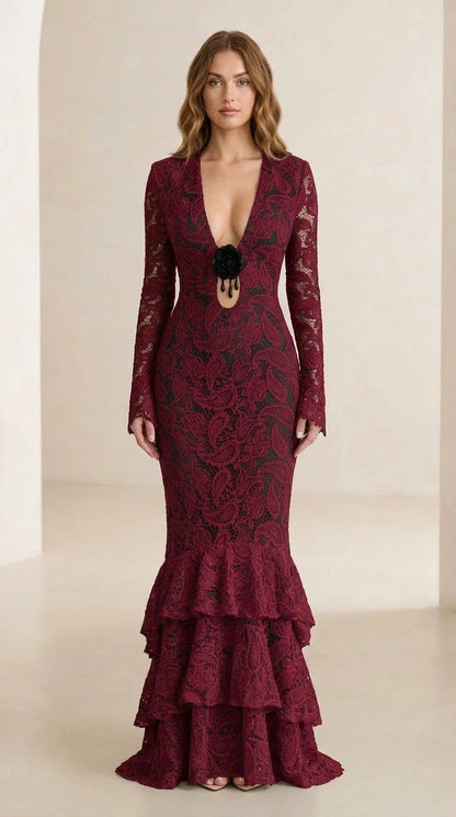 Front view of model wearing burgundy floral lace long-sleeve maxi dress