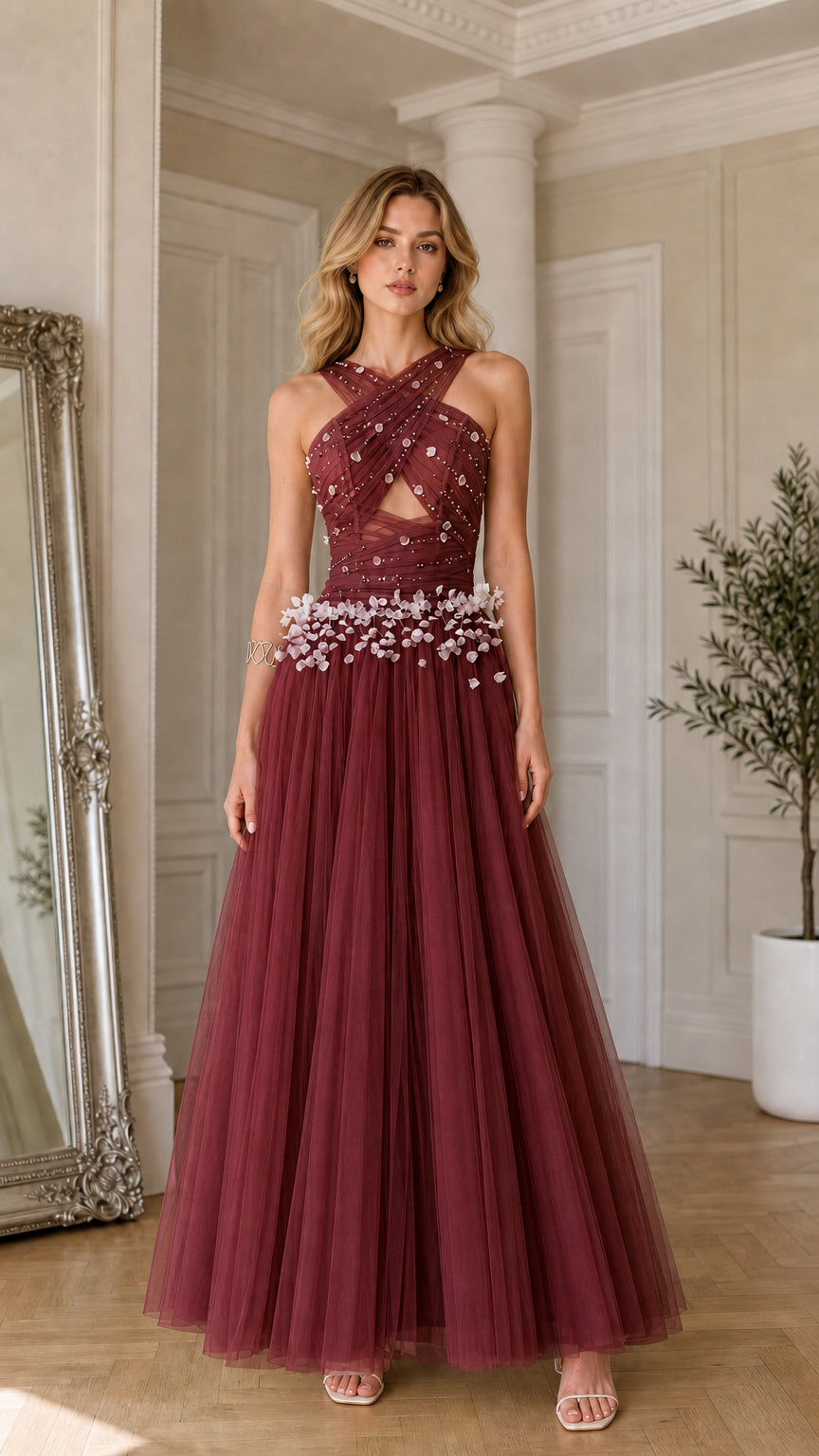 Burgundy wine criss-cross halter tulle evening gown with 3D floral details