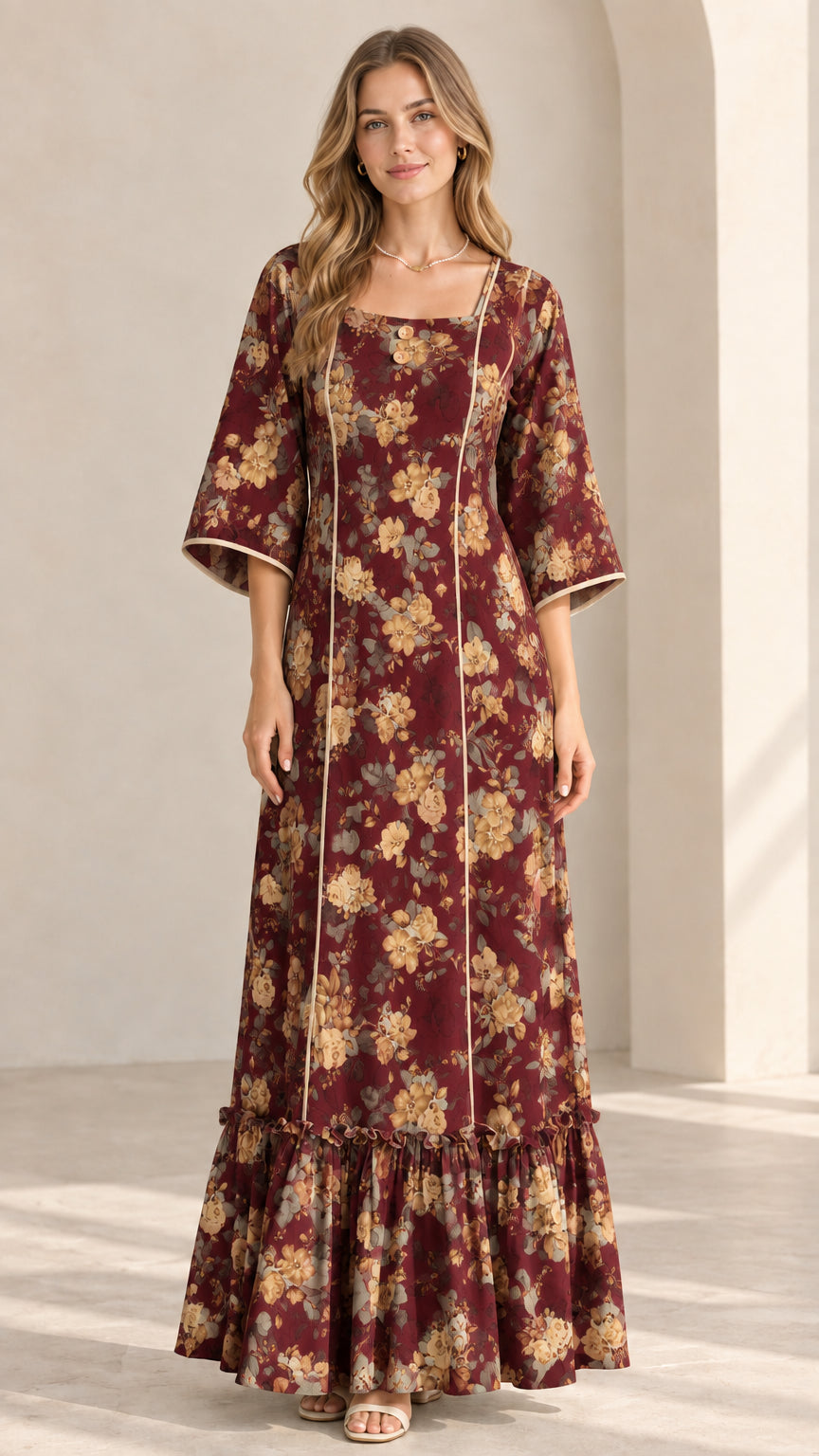 Model wearing Burgundy floral square neck maxi dress with contrast piping