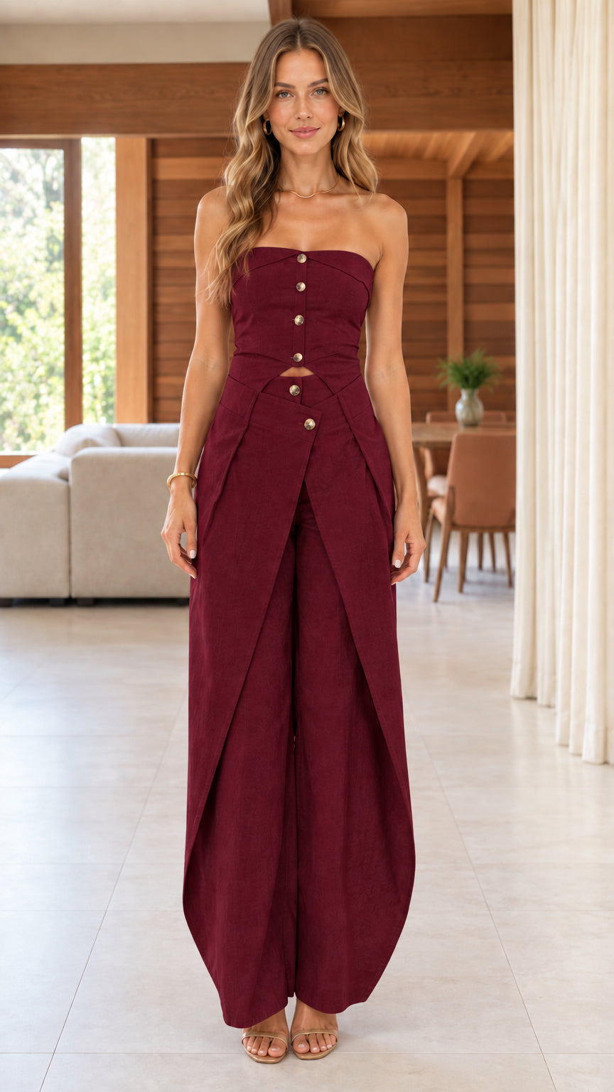 Front full-length view of woman wearing burgundy strapless cutout wide leg jumpsuit