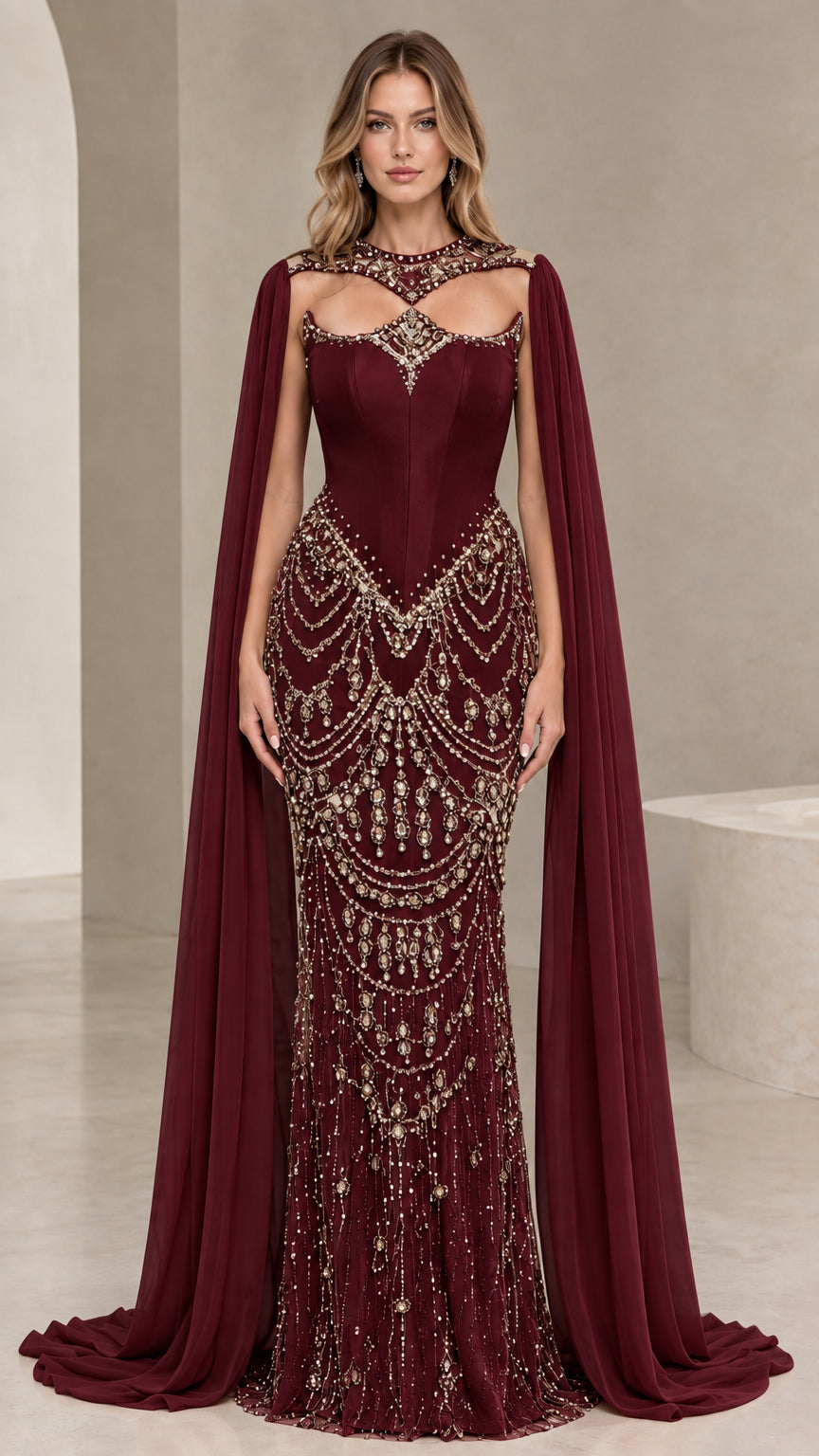 Burgundy wine red crystal embellished formal evening gown with cape drape